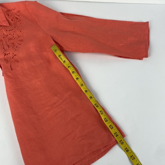 Orange 100% linen half sleeve breathable lightweight formal embroidered top sz M - Picture 7 of 8